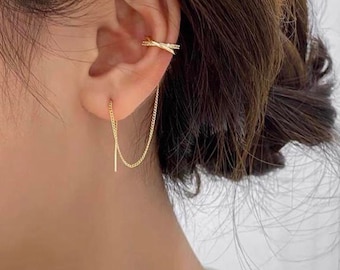 Threader earrings,Ear Cuff Chain,Chain Earrings,Long Chain Threader with Ear Cuff earring,Earring Cuff Chain,Pull Through Earring