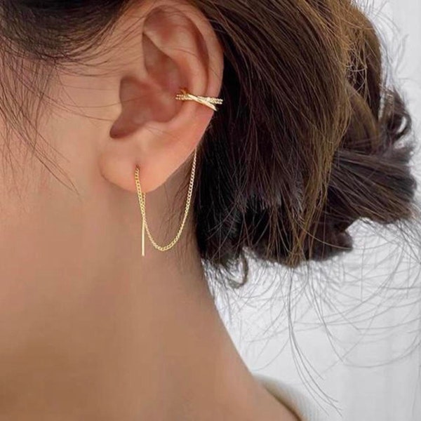 Threader earrings,Ear Cuff Chain,Chain Earrings,Long Chain Threader with Ear Cuff earring,Earring Cuff Chain,Pull Through Earring