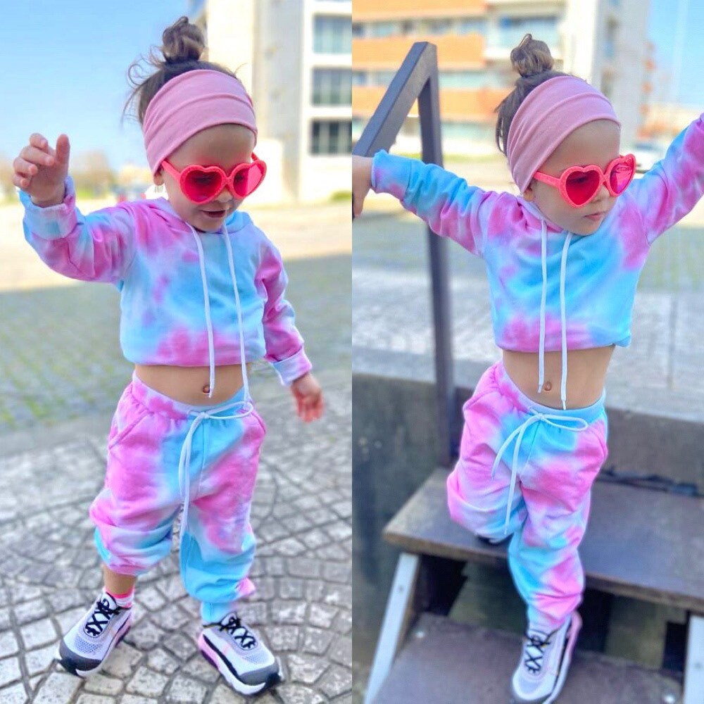 thumbnail image 2 of Kids Tie Dye Navy Tracksuit – Girls Cropped Hoodie & Sweatpants Outfit Set 2 of 3