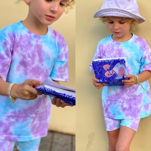 Two piece kids tie dye set, Tshirt + biker short comfy set for children, Unisex cotton streetwear activewear matching set for girl and boy