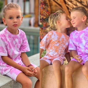 Two piece kids tie dye set, Tshirt + biker short comfy set for children, Unisex cotton streetwear activewear matching set for girl and boy