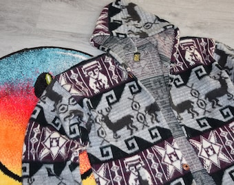 Chaqueta de lana Tejidos vintage de los años 90, talla extragrande, sudadera con capucha con botones Ruminahui de American Habitat, color gris ciervo, talla XL (herencia del suroeste).