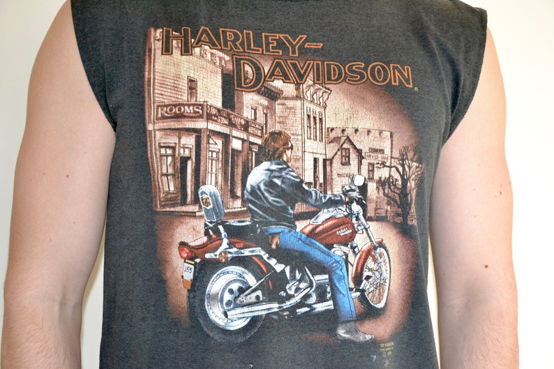 May include: Dark gray sleeveless t-shirt featuring a Harley-Davidson graphic. The graphic depicts a person riding a red motorcycle in front of a town scene. The Harley-Davidson logo is displayed prominently at the top.