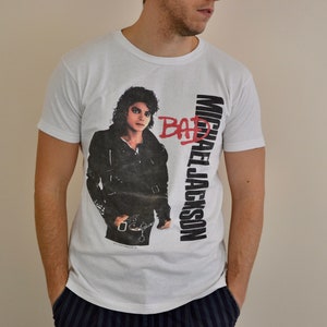 Camisa vintage de Michael Jackson de los 80 Tamaño Grande vtg blanco Bad World tour promo pop tee Sz L (camisa pop vintage)