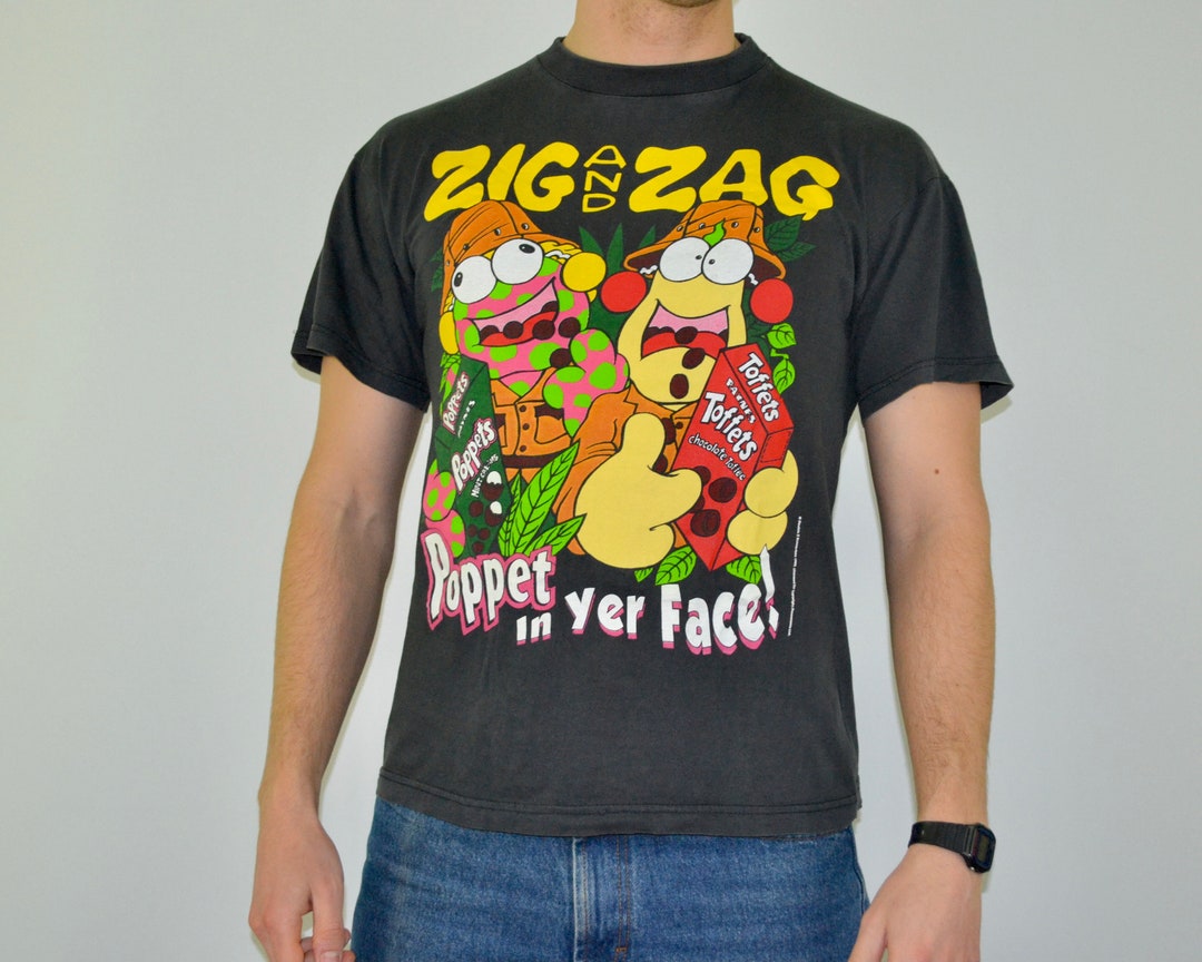 90s Vintage Zig and Zag Shirt Size Medium Vtg Black Black Poppets