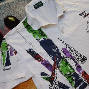 90s vintage Rossini tennis polo shirt Size Large Vtg white abstract tee Sz L