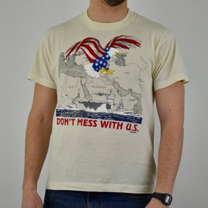 90s vintage Gulf War shirt Size Large vtg white Desert Storm military army tee (3D emblem,Kill Em All,Army, Military Aviation,Douglas Eagle)