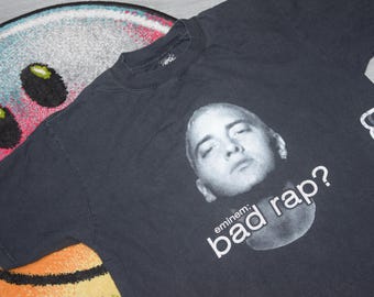 Camiseta vintage de Eminem, talla grande, negra, estilo Bad Rap?, camiseta de rap con purpurina, talla L (hip hop de los 90, camiseta de rap vintage).
