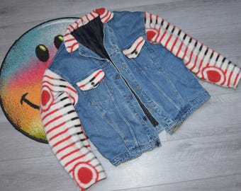 Chaqueta vaquera vintage estilo suroeste de los años 90 con mangas de lana, talla extragrande, chaqueta vaquera azul vintage de trabajo, talla XL (ropa de trabajo vaquera y western)