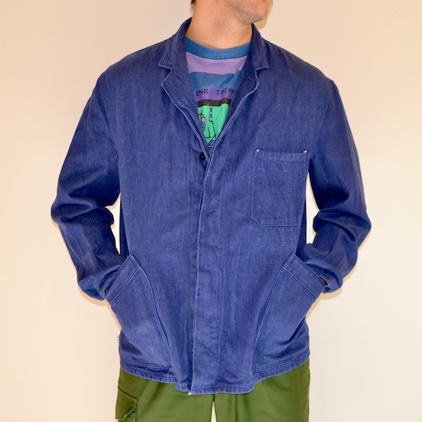 Vintage work jacket Size X Large vtg blue wrk jkt Sz 54(jeans jacket,vintage French jacket, vintage army jacket, vtg RRL, vintage baggy fit)