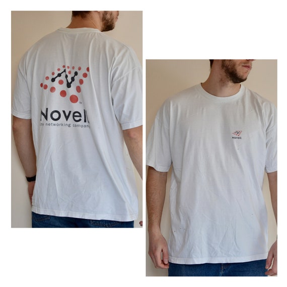 90 年代のビンテージ Novell シャツ、サイズ XL、ビンテージ ホワイト
