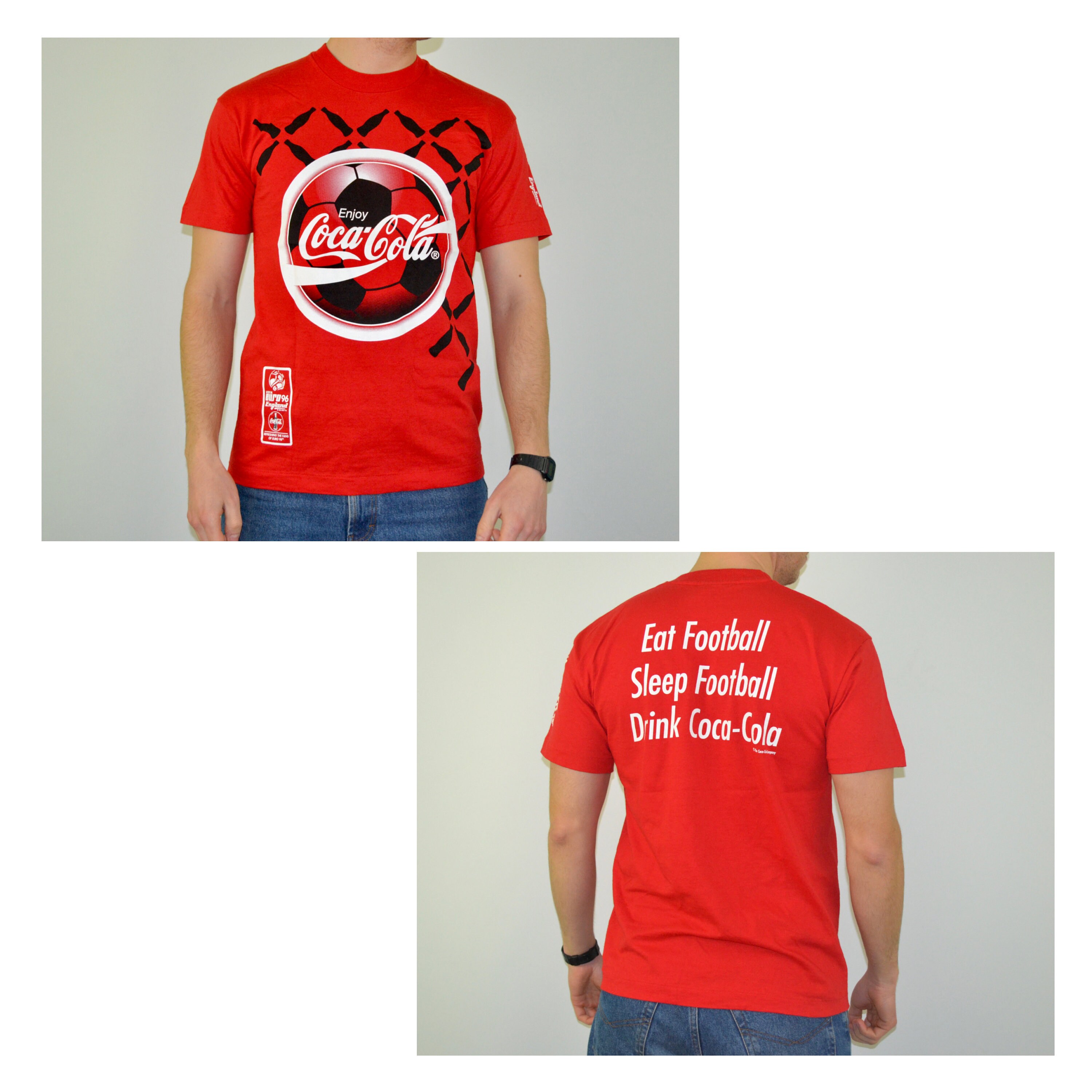 ビンテージ希少ユーロ製90sCoca-Cola Tシャツ 赤 90s Vintage Coca Cola Shirt Size Medium Vtg Red Soccer Euro