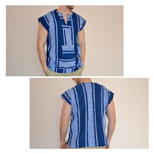 Vintage Baja jacket Size Medium vtg blue striped hippie sleeveless anorak (peruvian,Aztec heritage, southwestern hoodie, navajo multi color)