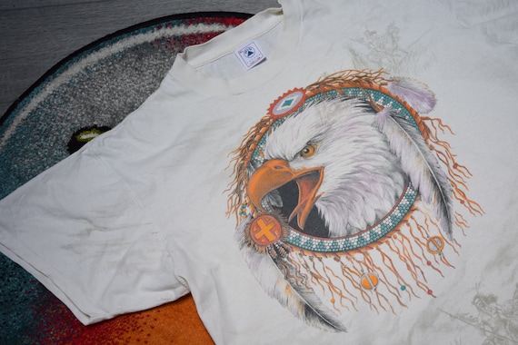 90s vintage Eagle shirt Size X Large vtg white all over print  Indian Habitat tee Sz XL (Thunder, Navajo, Southwestern, heritage)