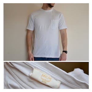 90s vintage MCM shirt Size Medium vtg white Embroidered luxury tee SZ M (vintage rap tees, vintage basic shirt, vtg pocket shirt)