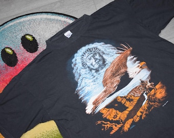 90s Vintage Indian shirt Size XLarge vtg black American Habitat tee Sz XL (Indian Shaman, Southwestern heritage, thunder)