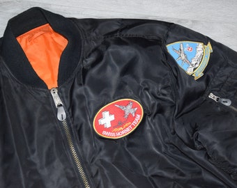 80s Vintage Swiss Hornet team flying jacket Size X Large vtg black aviator jkt patched bomber Sz XL (Schott, USAF, RAF)