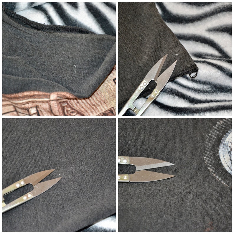 May include: A collage of four images showing details of a dark gray fabric. Small silver scissors are present in three of the images, cutting or near the fabric. The fabric appears to be a t-shirt or similar garment, with a printed design visible in one corner.