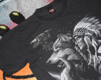 90s vintage Indian Shaman with Wolf shirt Size Large vtg black American Habitat tee Sz L (Southwestern heritage, thunder, Single stitch)