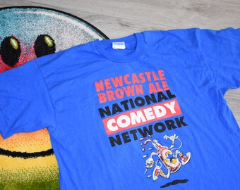 90s Vintage Stand up comedian shirt Size X Large vtg blue Newcastle Brown Ale Comedy Network tee Sz XL (vtg Comedy shirt)