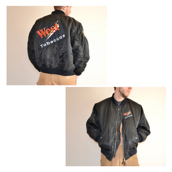 90s vintage West jacket Size Large Vtg black cigarette promo racing reversible bomber West Tobaccos (Marlboro,World Champion,Adventure team)