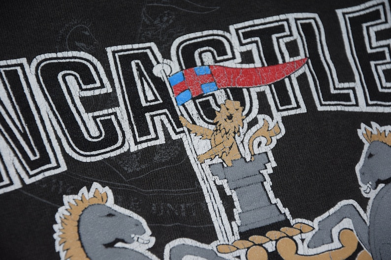 K&ouml;nnte beinhalten: Schwarzes T-Shirt mit einer wei&szlig;en Grafik eines L&ouml;wen, der eine Flagge mit roten, wei&szlig;en und blauen Streifen h&auml;lt. Der Text "CASTLE" ist in Wei&szlig; auf das Shirt gedruckt.