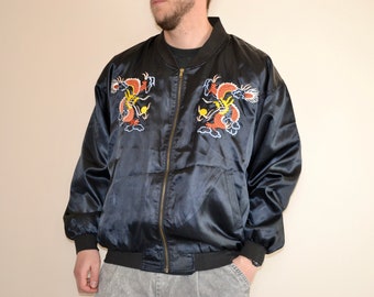 80s Vintage Chinese Souvenir Jacket Size XL Vtg Black Bomber 80s Vintage Chinese Souvenir Jacket Size XL Vtg Black Bomber