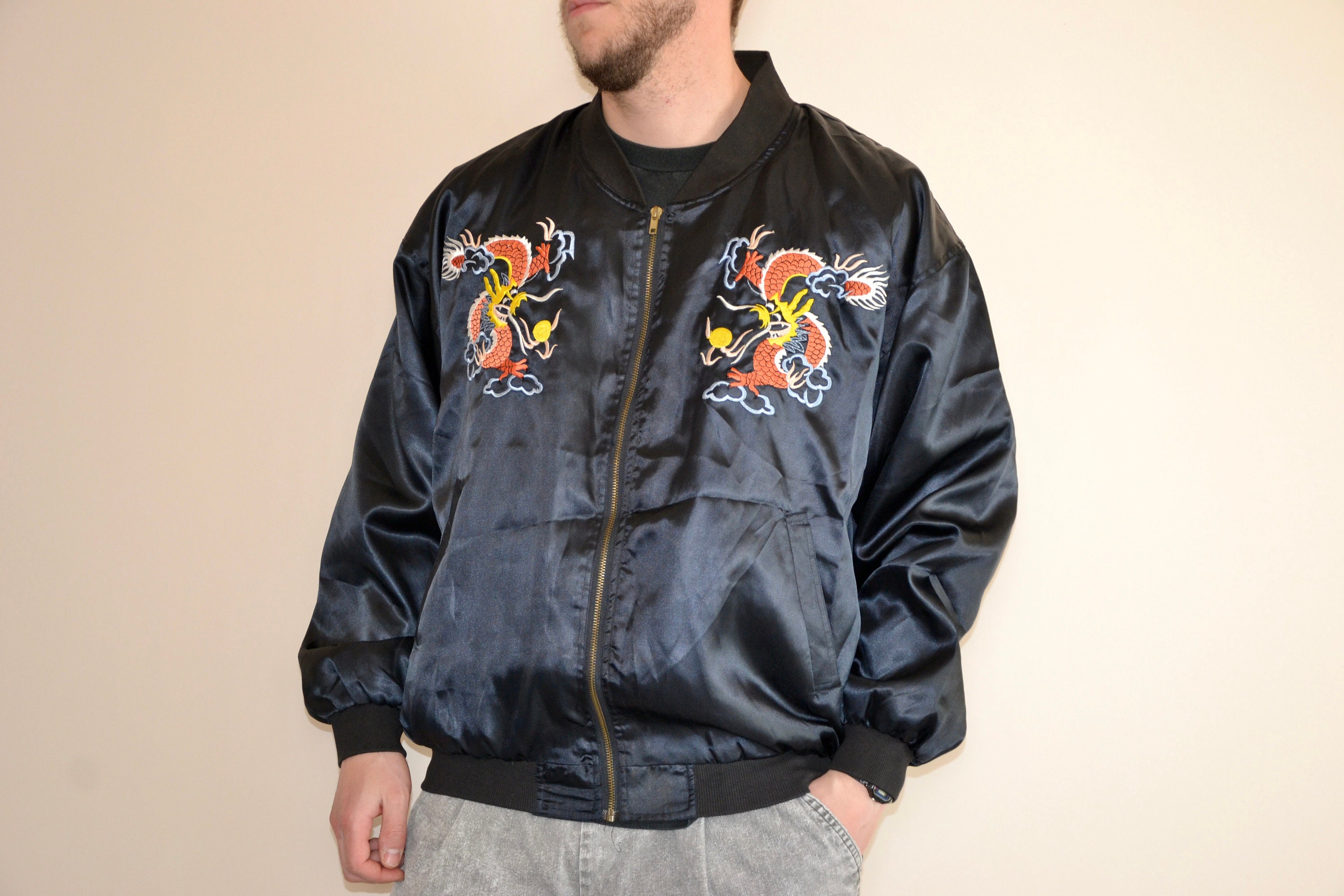 80s Vintage Chinese Souvenir Jacket Size XL Vtg Black Bomber 80s Vintage Chinese Souvenir Jacket Size XL Vtg Black Bomber