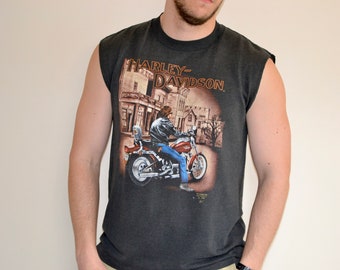 90s vintage Harley Davidson shirt Size Large vtg black 3d emblem motorcycle tank top tee Sz L (Wild hog, vtg Wolf tee, vintage Eagle tee)