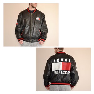 90s vintage Tommy Hilfiger leather jacket Size Xl vtg black big flag bomber jkt vintage Polo Ralph jacket vtg Nautica jkt vtg rap tee