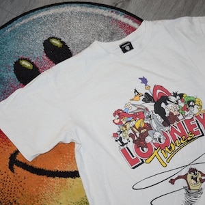 Jaren 90 vintage Looney Tunes-shirt maat Large vtg wit warner bros cartoon promo T-shirt maat Sz L