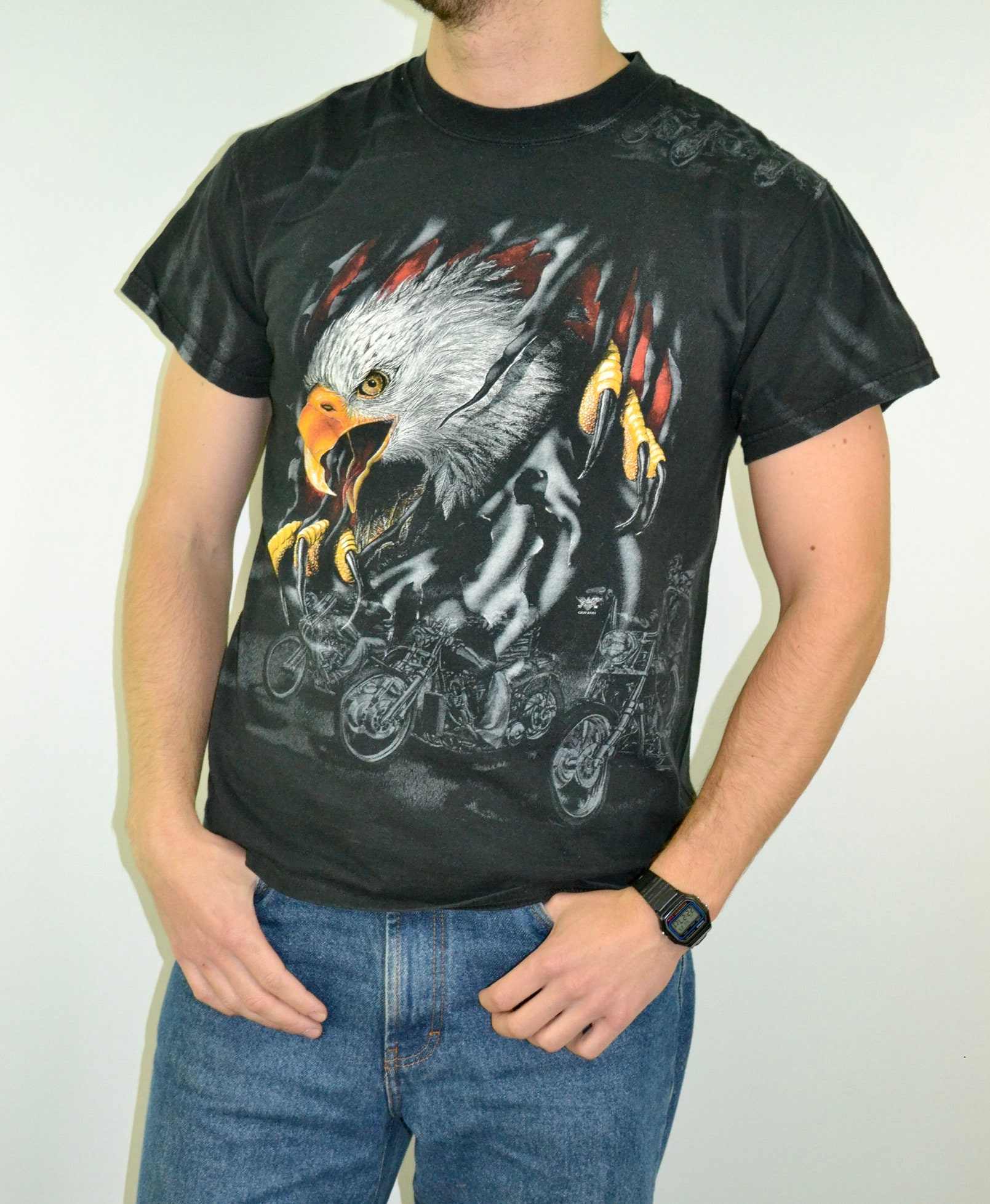 90s Vintage Eagle Shirt Size Medium Vtg All Over Print Black