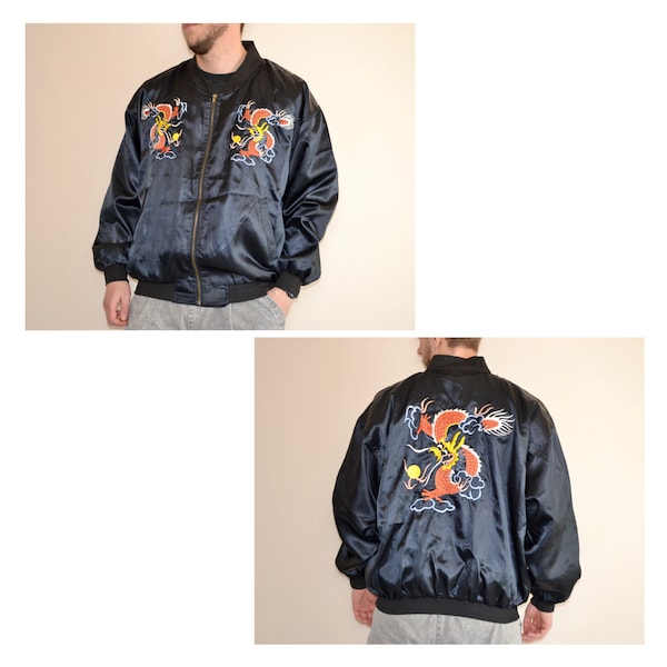 Jaren '80 Vintage Chinese Souvenir Jacket Size XL Vtg zwarte bommenwerper geborduurde draak Sz XL (Japan jas, Vietnam, Aziatische jas, Oriental)