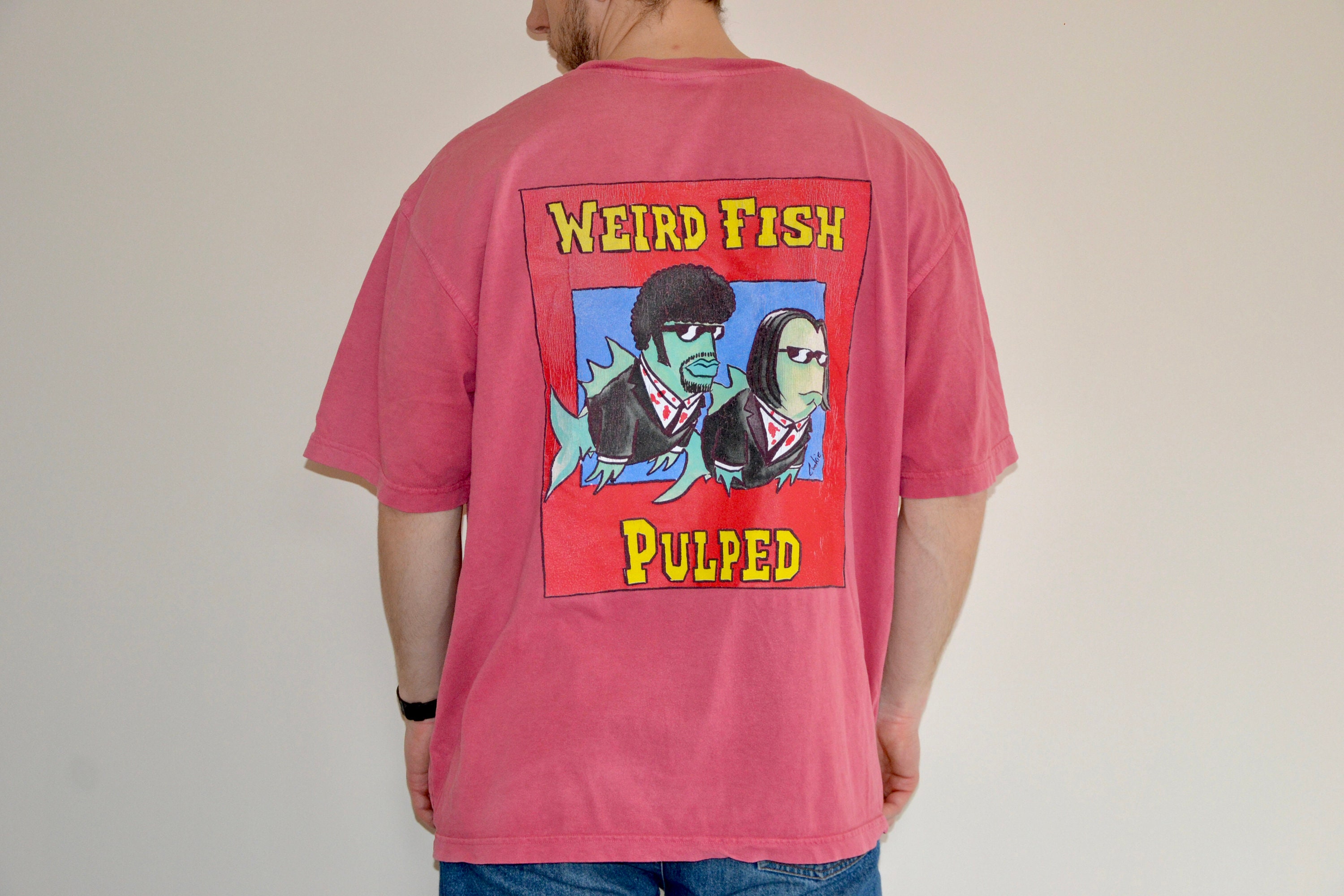 90s Vintage Weird Fish Shirt Size 2XL Vtg Super Faded Pink Pulp