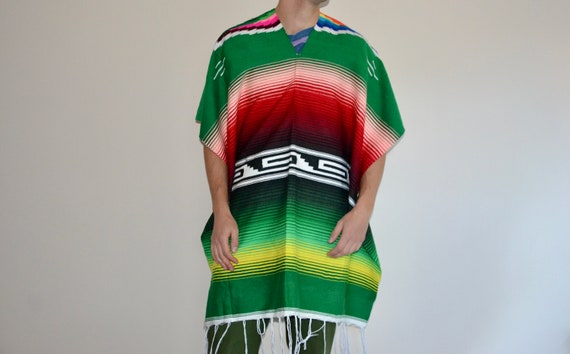 Vintage multicolor poncho Vtg green red American … - image 1