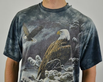 90s vintage Mountain shirt Size XL vtg all over print blue tie dye Habitat tee (Thunder, West,Eagle ,Southwestern,heritage)