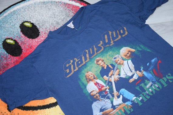 80s Vintage Status Quo Shirt Size X Large Vtg Blue the Troops Tour 