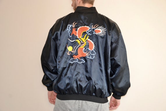 80s Vintage Chinese Souvenir Jacket Size XL Vtg Black Bomber