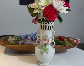 Vintage Occupied Japan Hand Painted Bud Vase: Pink Rose, Gold Trim, Openwork Handles