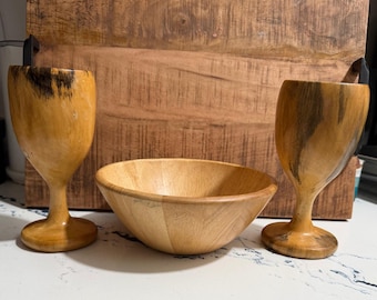 Hand Turned Wooden Goblets Pair and Segmented Wood Bowl Rustic Farmhouse Set