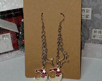 Moon Santa & Reindeer Chain-Dangle Charm Earrings