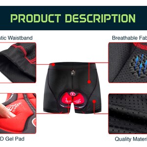 May include: Black cycling shorts with red trim and a 5D gel pad for added comfort. The shorts feature a breathable fabric and an elastic waistband.