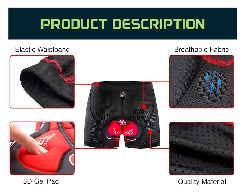 May include: Black cycling shorts with red trim and a 5D gel pad for added comfort. The shorts feature a breathable fabric and an elastic waistband.