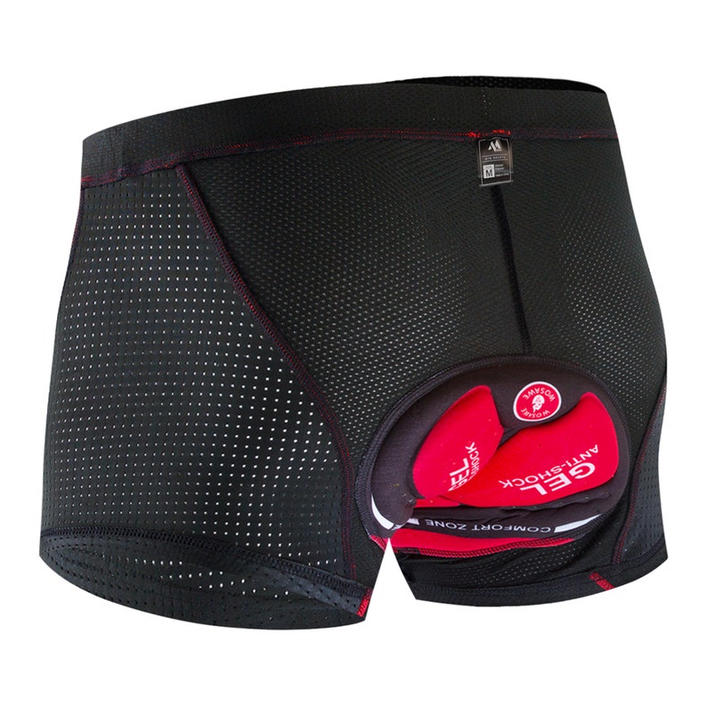 May include: Black cycling shorts with a red and white gel padded insert. The insert has the text "GEL ANTISHOCK COMFORT ZONE" printed on it.