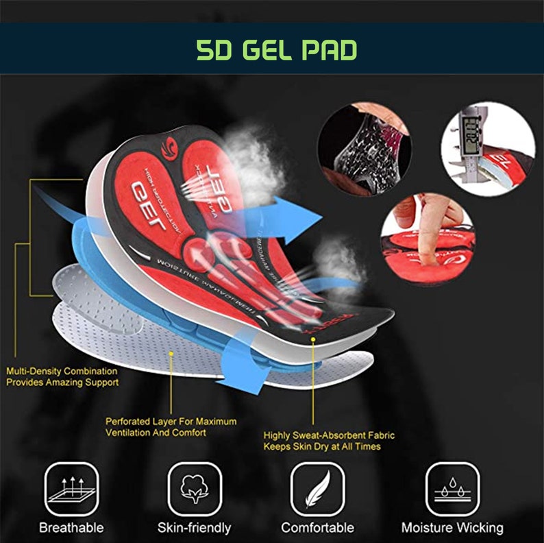 May include: A close-up of a 5D gel pad for cycling shorts. The pad is made of multiple layers of foam and gel, designed for maximum comfort and ventilation. The pad is breathable, skin-friendly, comfortable, and moisture-wicking.