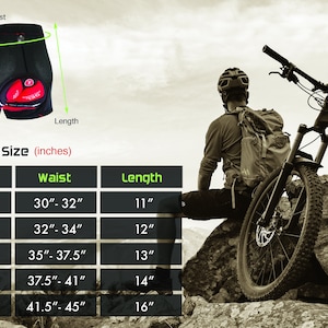 May include: A size chart for men's cycling shorts, showing waist and length measurements in inches. The chart includes sizes S, M, L, XL, and XXL.