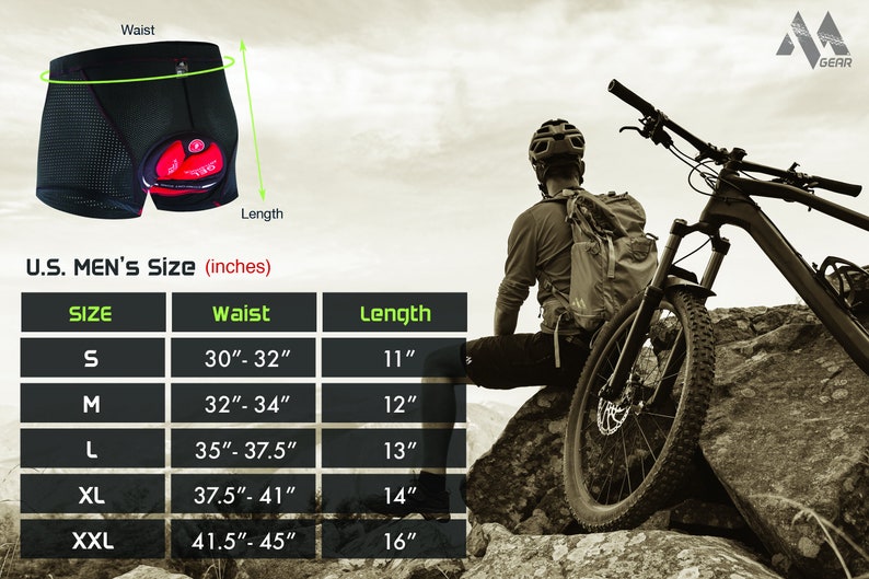May include: A size chart for men's cycling shorts, showing waist and length measurements in inches. The chart includes sizes S, M, L, XL, and XXL.