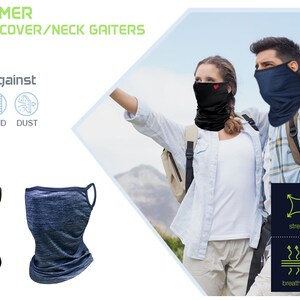 May include: Two people wearing black and blue neck gaiters with a red heart logo. The gaiters are made of a breathable, quick-dry material and offer protection against sun, insects, wind, and dust. The text "SUMMER GEAR FACE COVER/NECK GAITERS" is at the top of the image.