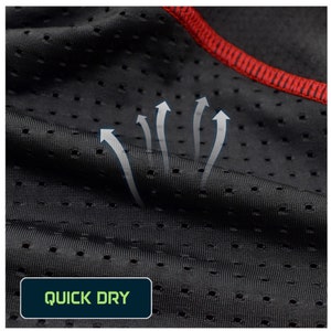 May include: Close-up of black athletic fabric with small holes. Arrows point to the holes, indicating breathability. The text "QUICK DRY" is printed on a green rectangle.