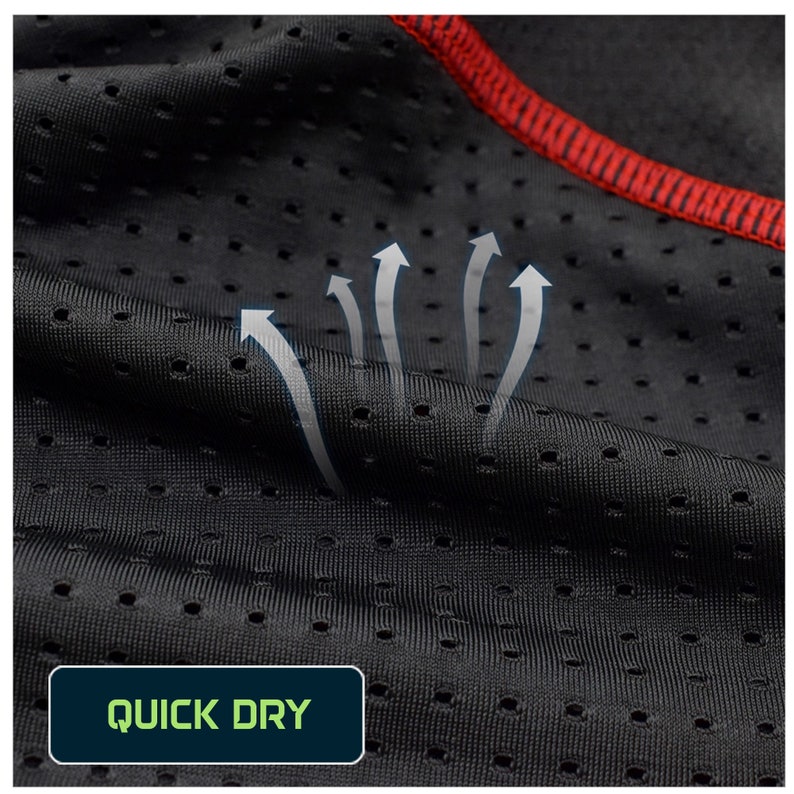 May include: Close-up of black athletic fabric with small holes. Arrows point to the holes, indicating breathability. The text "QUICK DRY" is printed on a green rectangle.